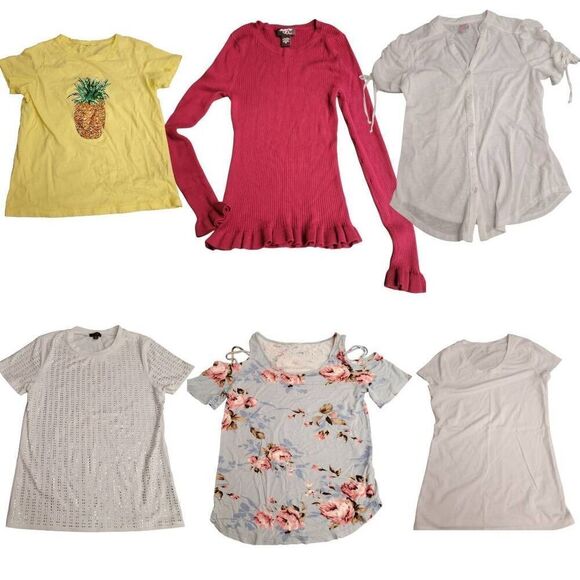 Six Medium Blouses Ruffled Bows Sparkly Rhinestone Glitter Floral Pineapple Tops - Picture 1 of 16